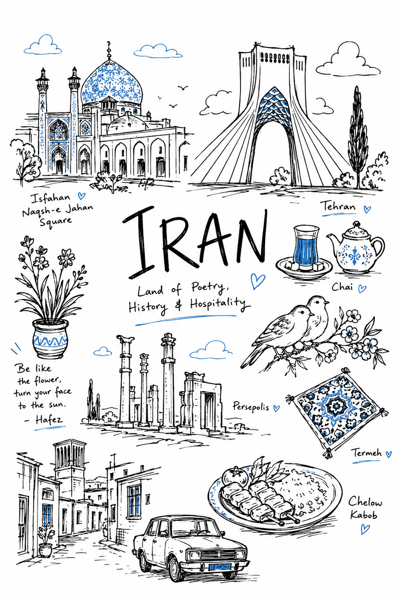 Create a charming editorial travel illustration of [Iran] in a simple hand-drawn