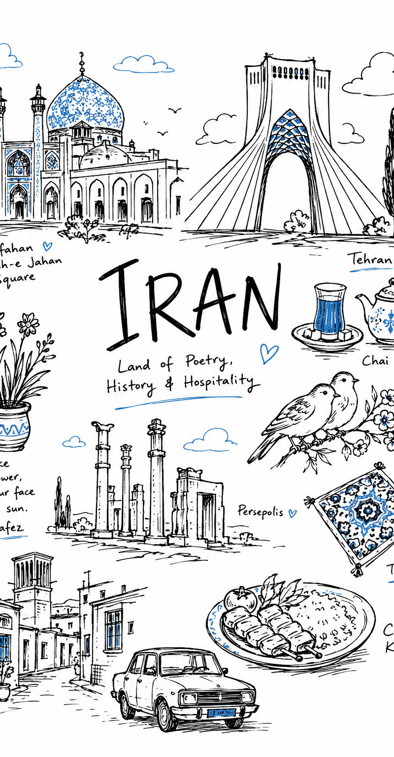Create a charming editorial travel illustration of [Iran] in a simple hand-drawn