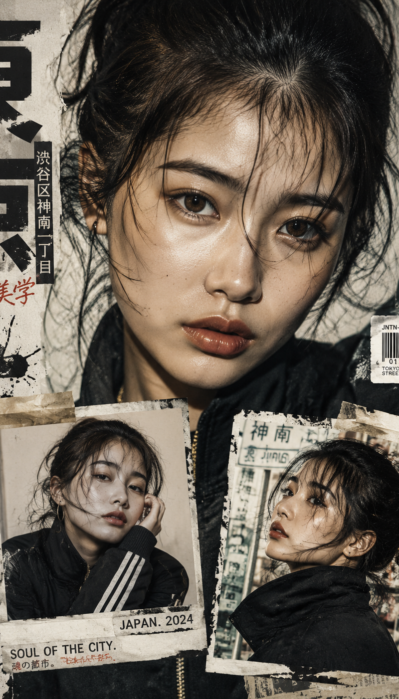 Create a bold Y2K Japanese street-editorial collage poster with a clean high-fas