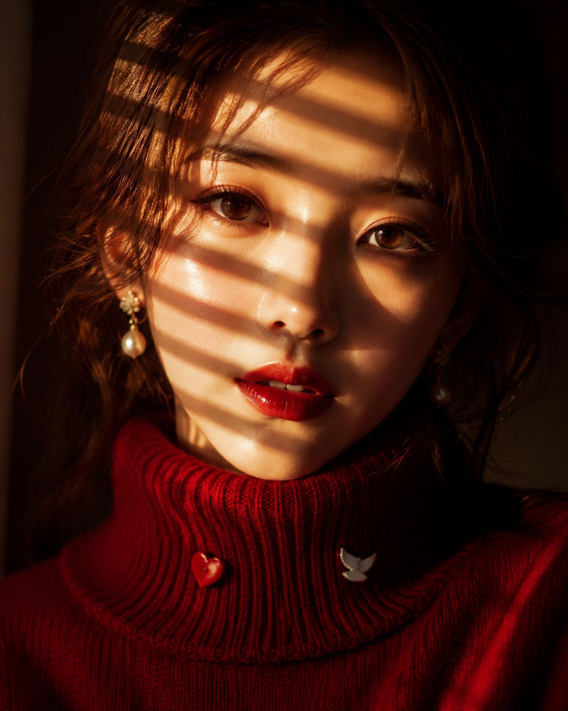 A stunning, high-resolution close-up portrait of an East Asian woman, gazing dir