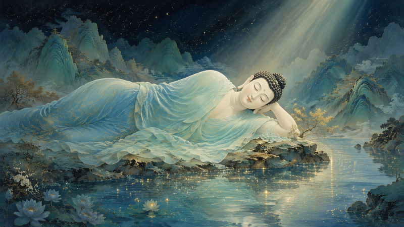 中國工筆畫,超現實的藝術風格。藥師佛側躺位於畫面中央,身體延伸至畫面左側。佛像頭上黑色肉髻,膚色潔白,光滑細膩。表情安詳平和,閉著雙眼面向前方。他身穿一件寬大的