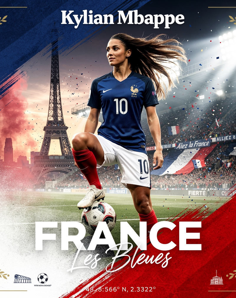 Create a premium FIFA World Cup-style sports poster featuring a stunning young f