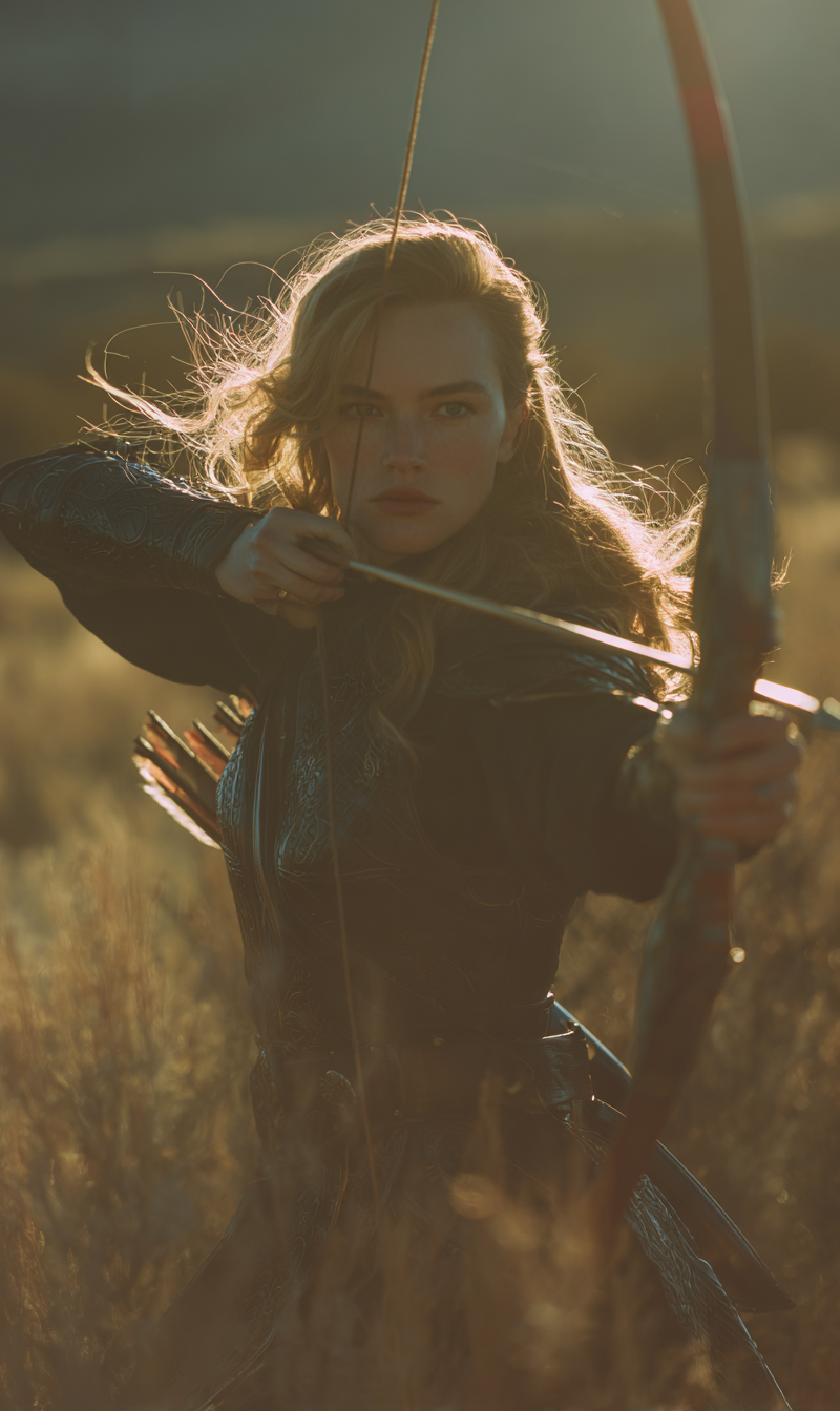 Photorealistic action photo of a woman in her late 20s warm honey-blonde long ha