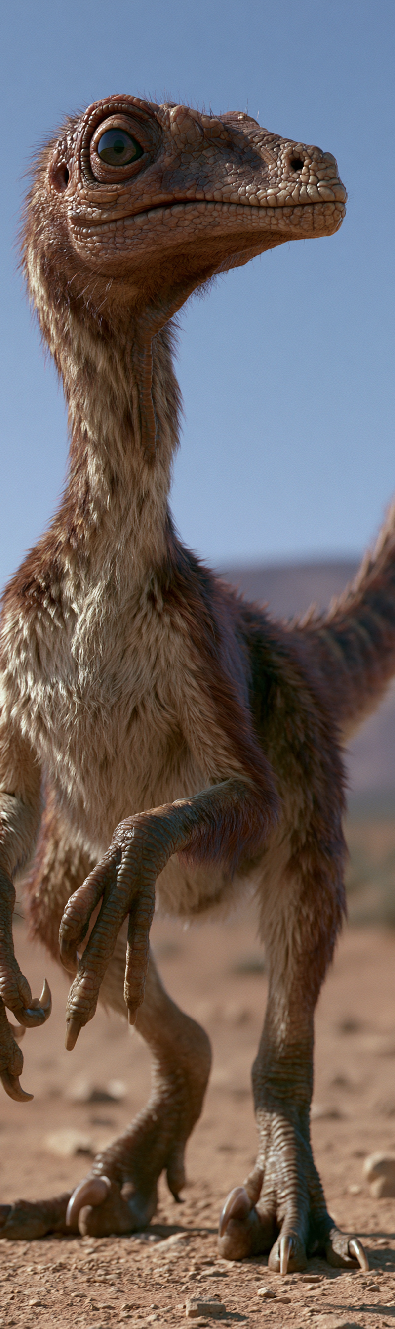 3d REALISTIC animation of a little Compsognathus dinosaur standing in the desert