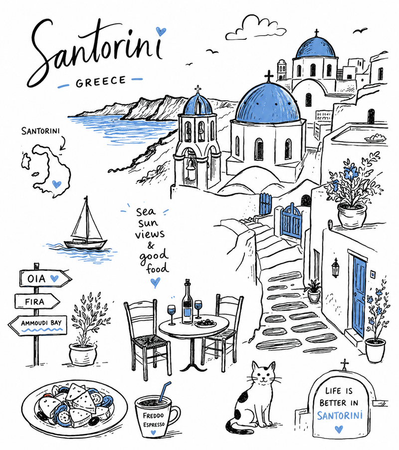 Create a charming editorial travel illustration of [Destination] in a simple han