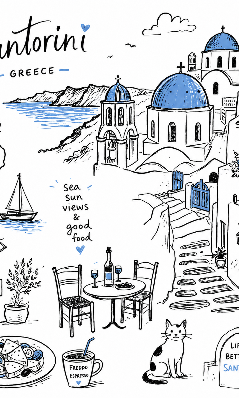 Create a charming editorial travel illustration of [Destination] in a simple han