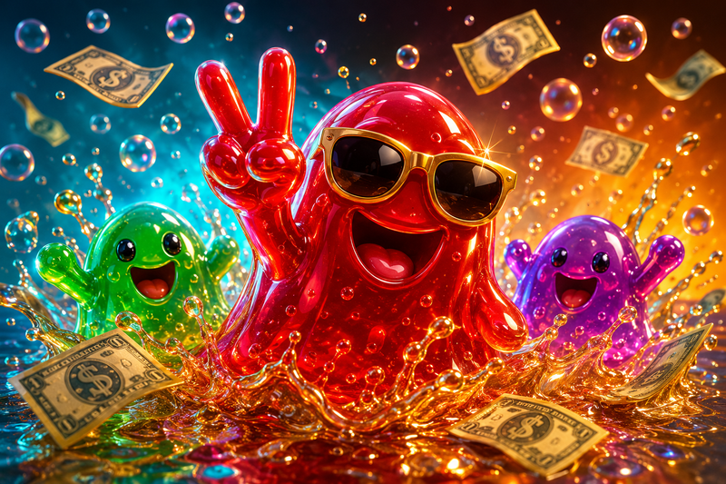 A vibrant, glossy crimson slime character wearing sleek gold sunglasses takes ce