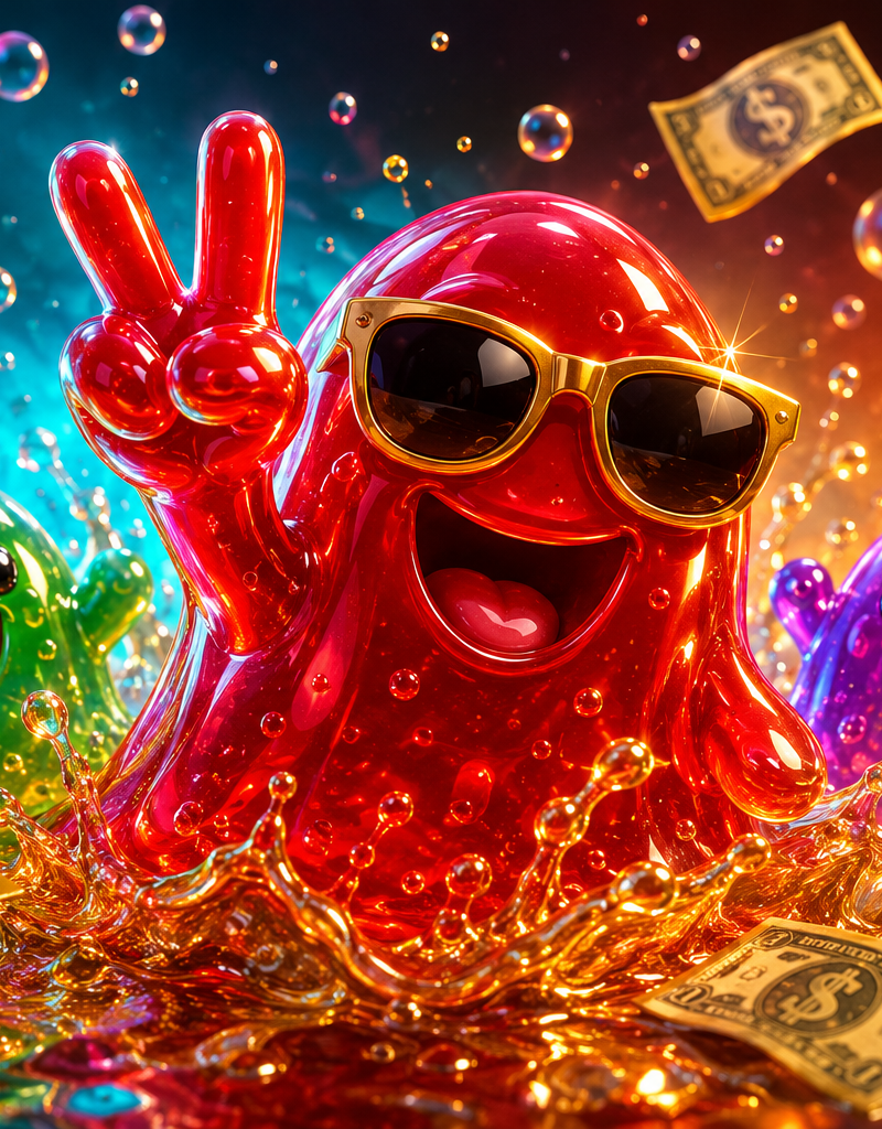 A vibrant, glossy crimson slime character wearing sleek gold sunglasses takes ce