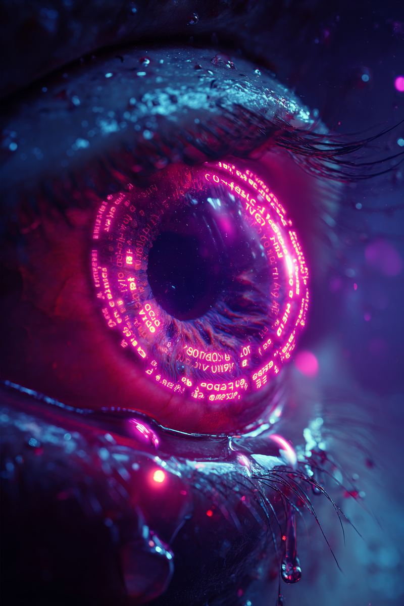 Extreme macro close up of a human eye, focused on the iris and pupil, its surfac
