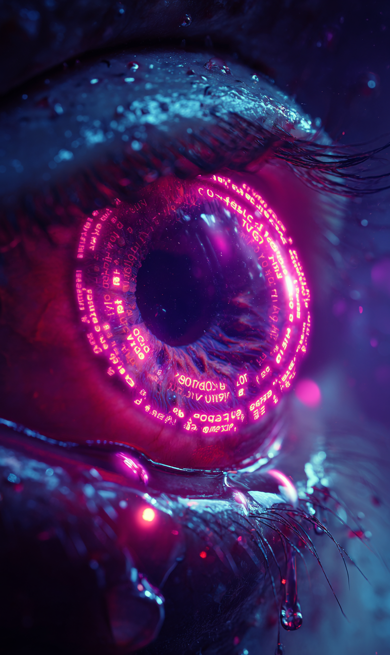 Extreme macro close up of a human eye, focused on the iris and pupil, its surfac
