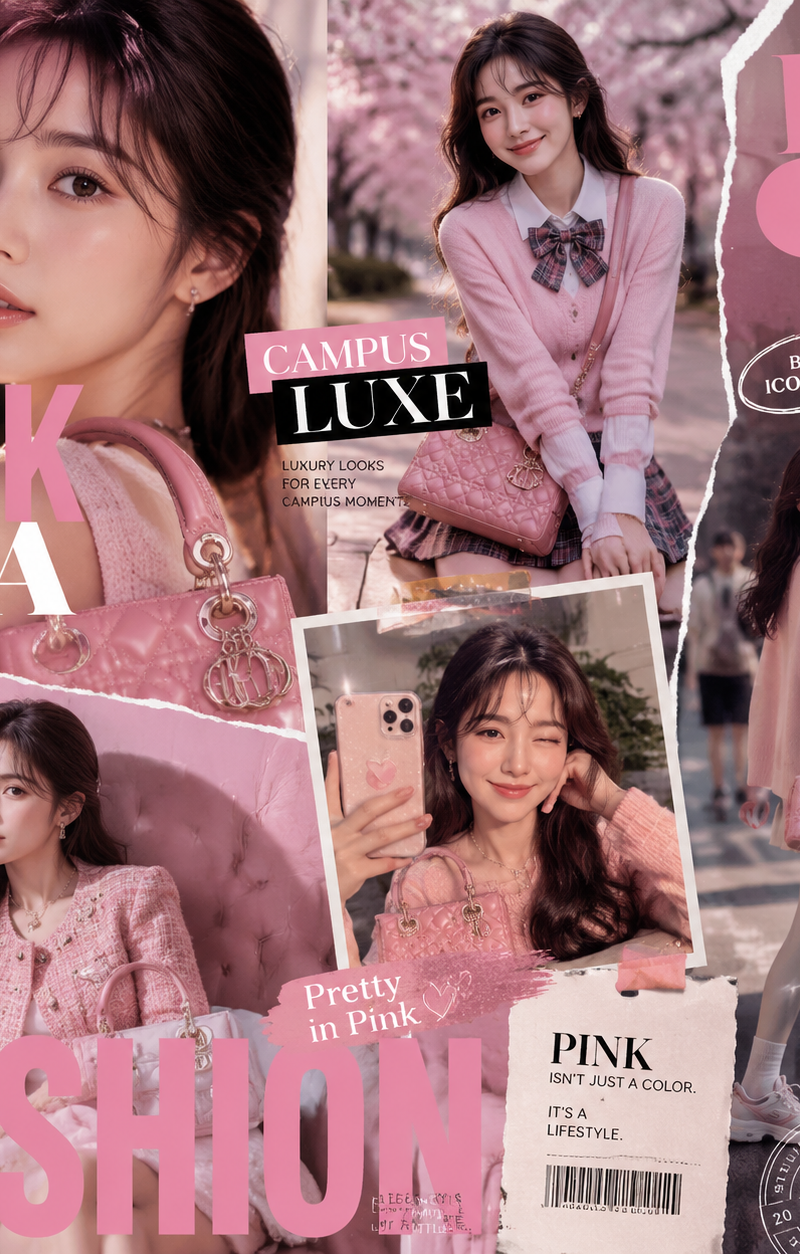 Create a premium 1:1 luxury fashion collage advertisement featuring the same bea