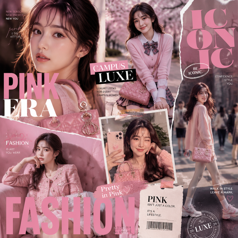 Create a premium 1:1 luxury fashion collage advertisement featuring the same bea