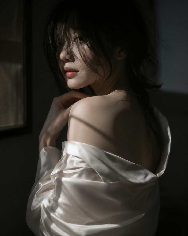 editorial portrait, Korean female idol, subtly sensual outfit: silk shirt or sof