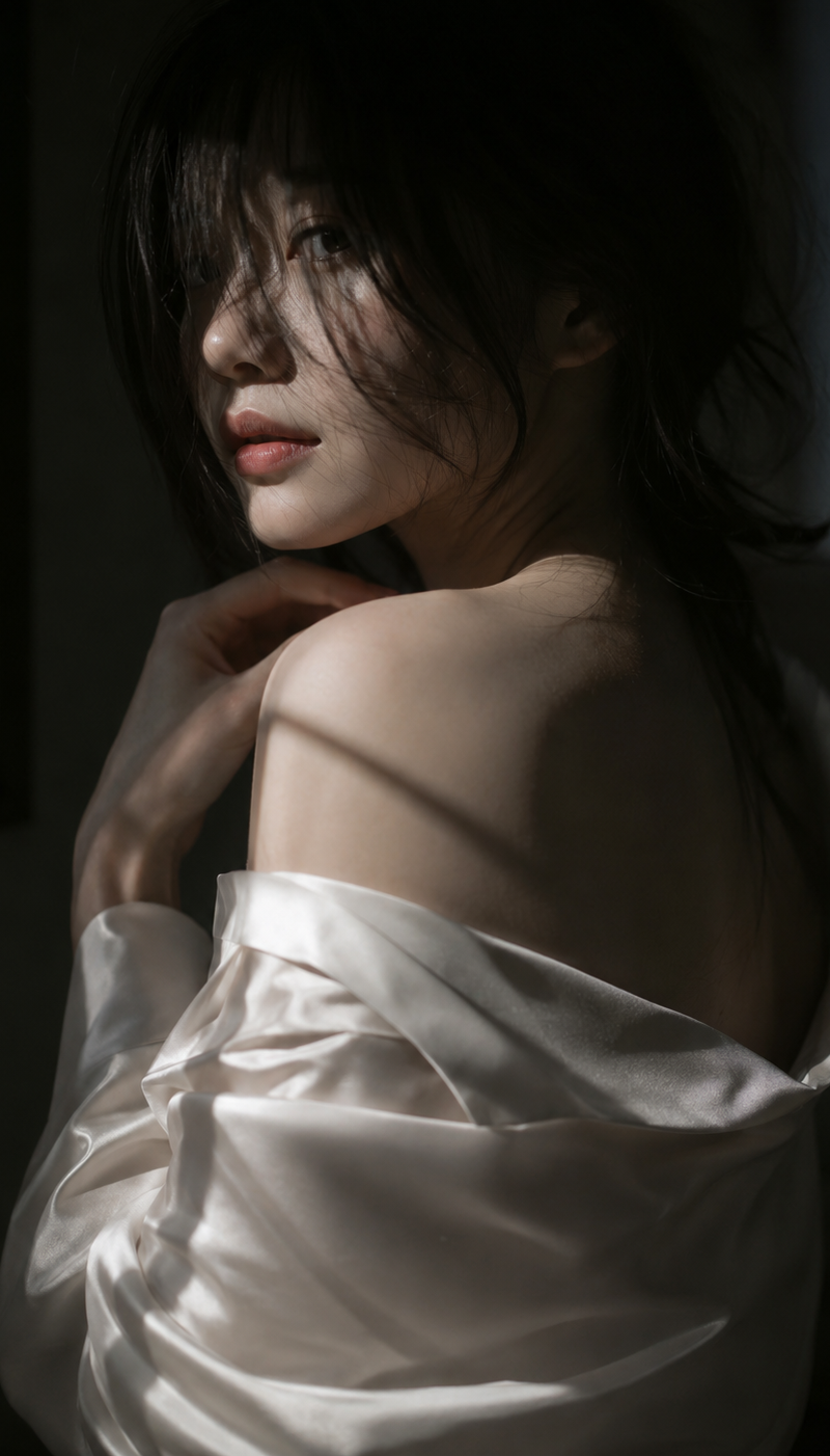 editorial portrait, Korean female idol, subtly sensual outfit: silk shirt or sof