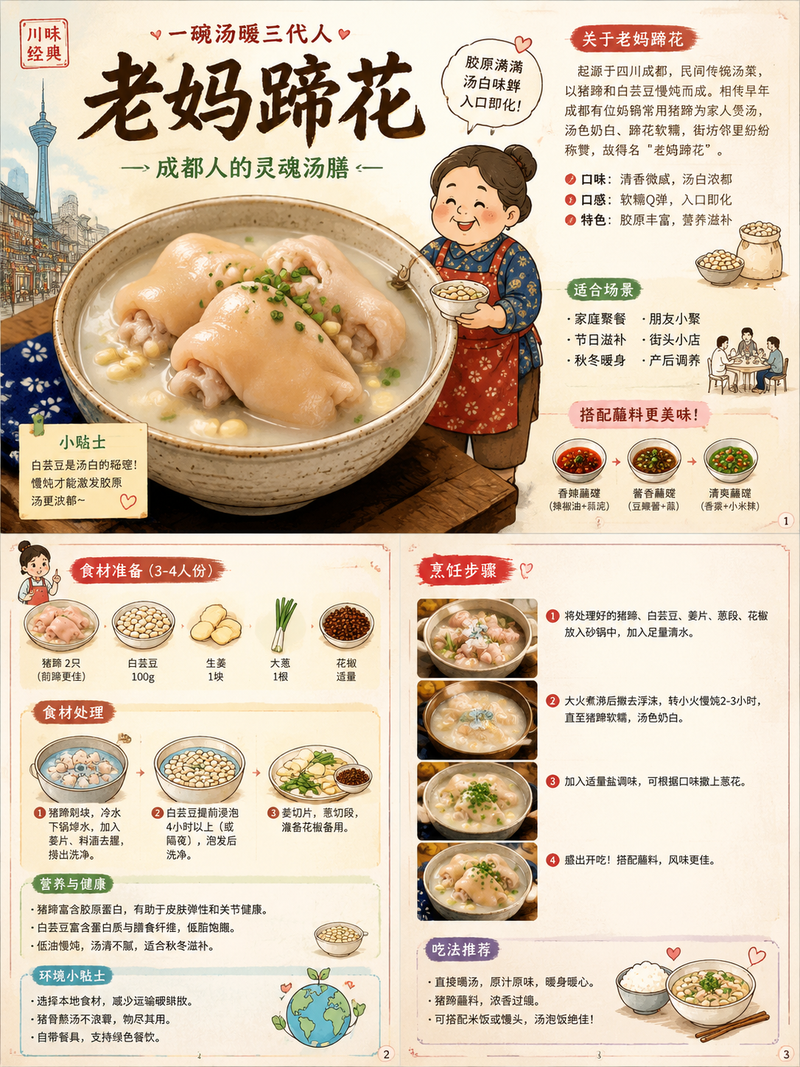 食物名称：{老妈蹄花} 请先联网全面搜索并理解该食物的真实信息，包括起源地区、文化背景、主要食材、颜色、口味、质感、烹饪方式、常见吃法、摆盘方式、配料、蘸料、典