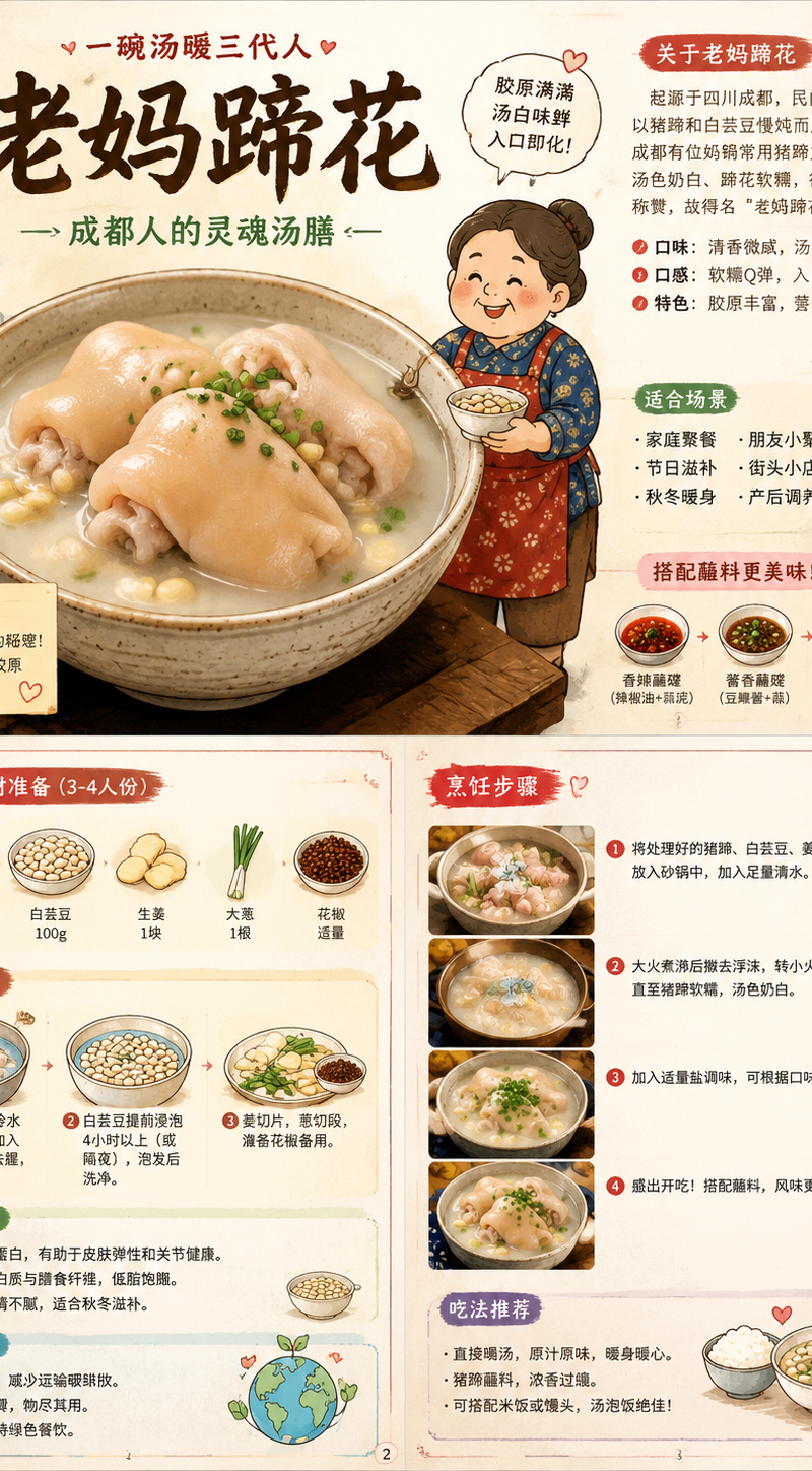 食物名称:{老妈蹄花} 请先联网全面搜索并理解该食物的真实信息,包括起源地区、文化背景、主要食材、颜色、口味、质感、烹饪方式、常见吃法、摆盘方式、配料、蘸料、典