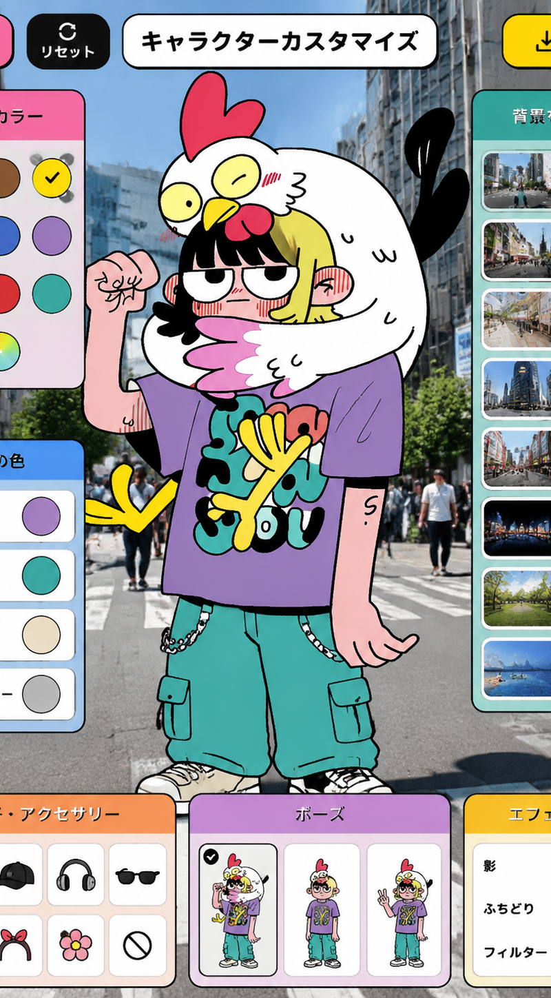 「このキャラクターで背景を実写の街中にし、服や髪の色を変えられるUIのデザインを画面いっぱいに表示してください。背景を変えられるボタンなども表示してください。」
