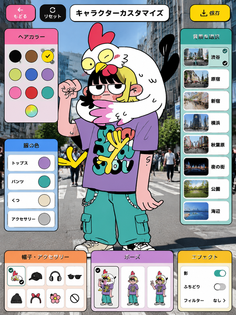 「このキャラクターで背景を実写の街中にし、服や髪の色を変えられるUIのデザインを画面いっぱいに表示してください。背景を変えられるボタンなども表示してください。」
