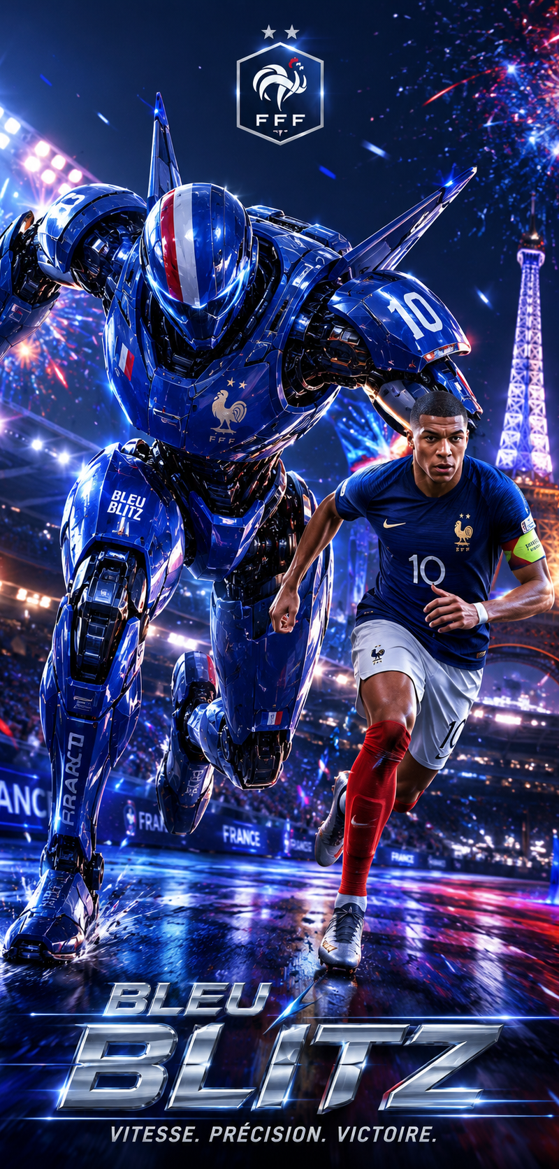 France — Kylian Mbappé — Bleu Blitz Mech “9:16 poster of ‘Bleu Blitz’, sleek spr