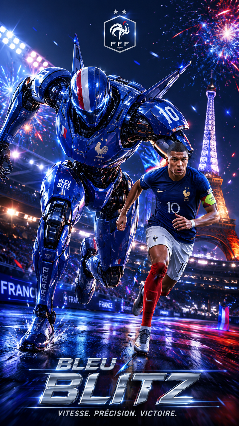 France — Kylian Mbappé — Bleu Blitz Mech “9:16 poster of ‘Bleu Blitz’, sleek spr