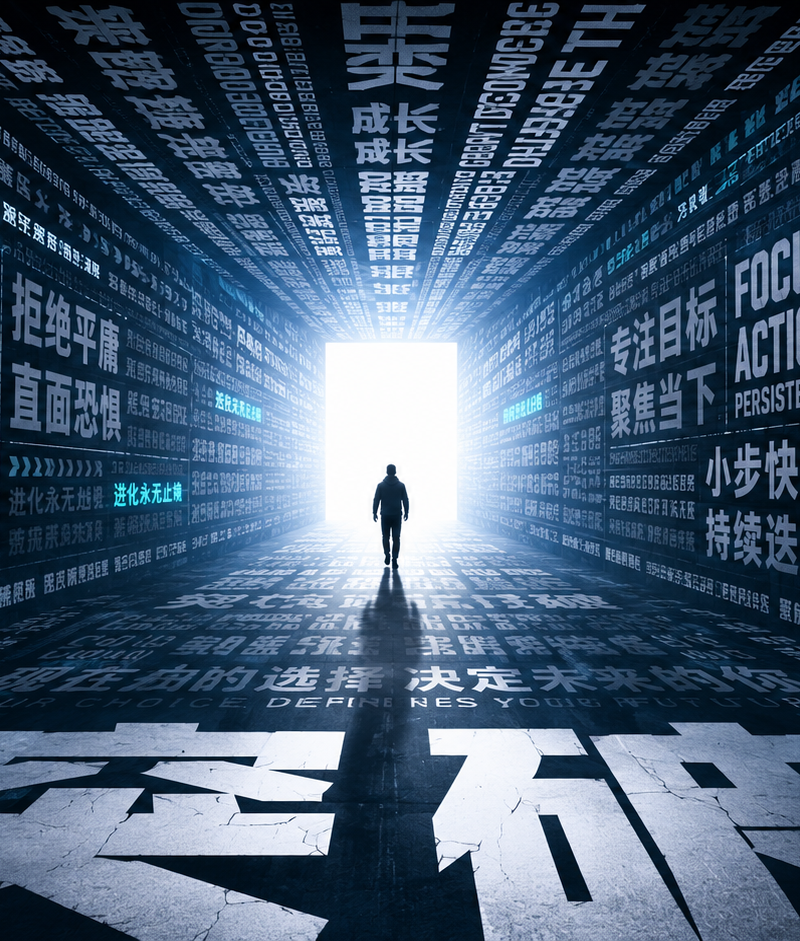 围绕任意主题对象生成一张强透视的文字空间视觉：画面像一条由主题关键词和短句构成的深邃通道，文字不是普通排版，而是铺满两侧、顶部与地面的巨大信息墙，沿同一个消失点