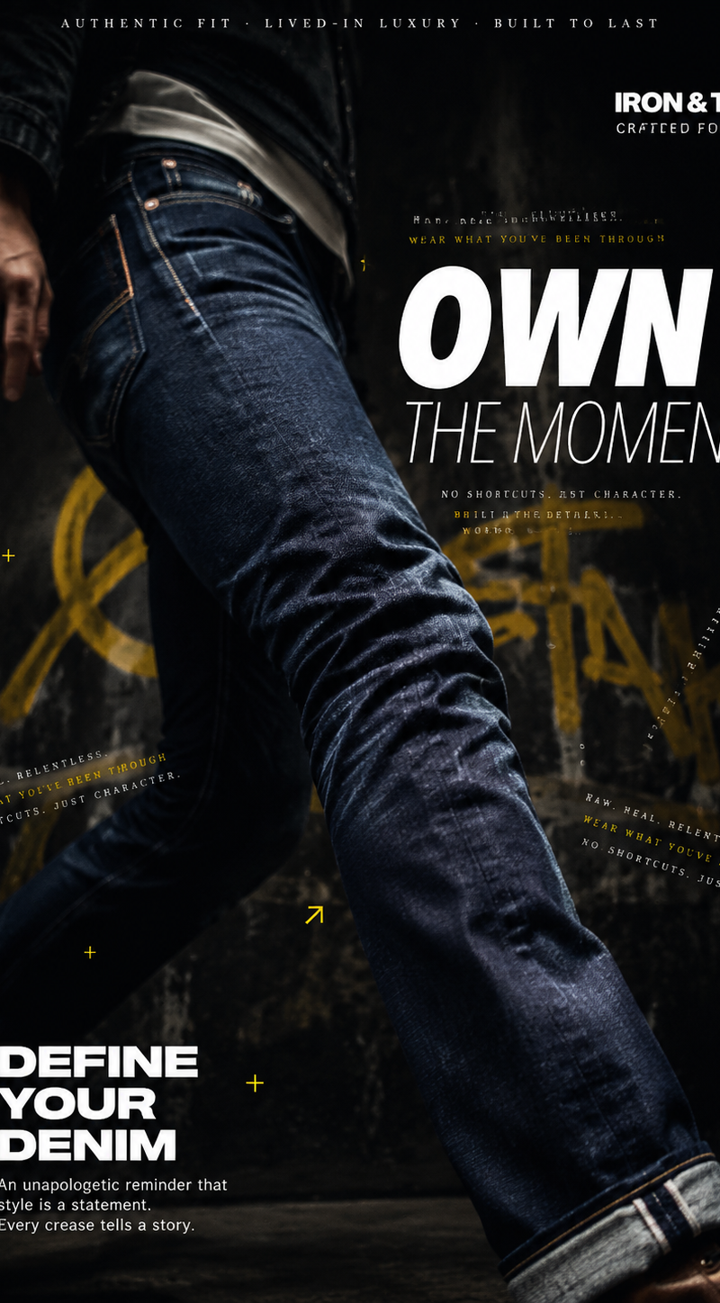 A hyperrealistic premium denim advertisement shot in a dark, moody editorial sty