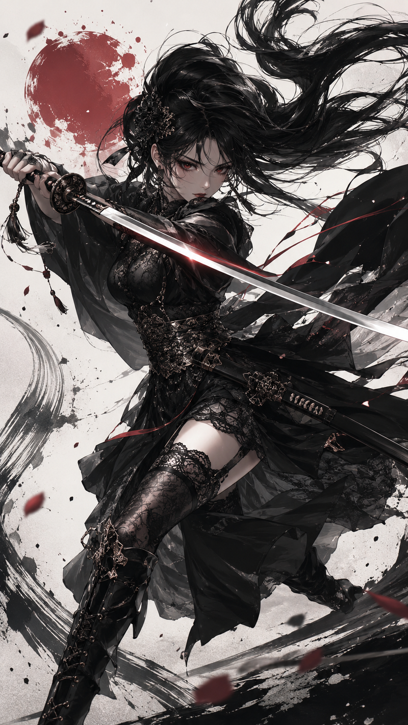 深色哥德式武士女孩穿著武士刀,動作姿勢動感十足,長黑髮在空中揮舞,紅潤亮眼,黑色飾面,飾有黑色飾面,穿著蕾絲,穿著精緻的靴子,強烈表情,刀刃反射光線,戲劇性的動