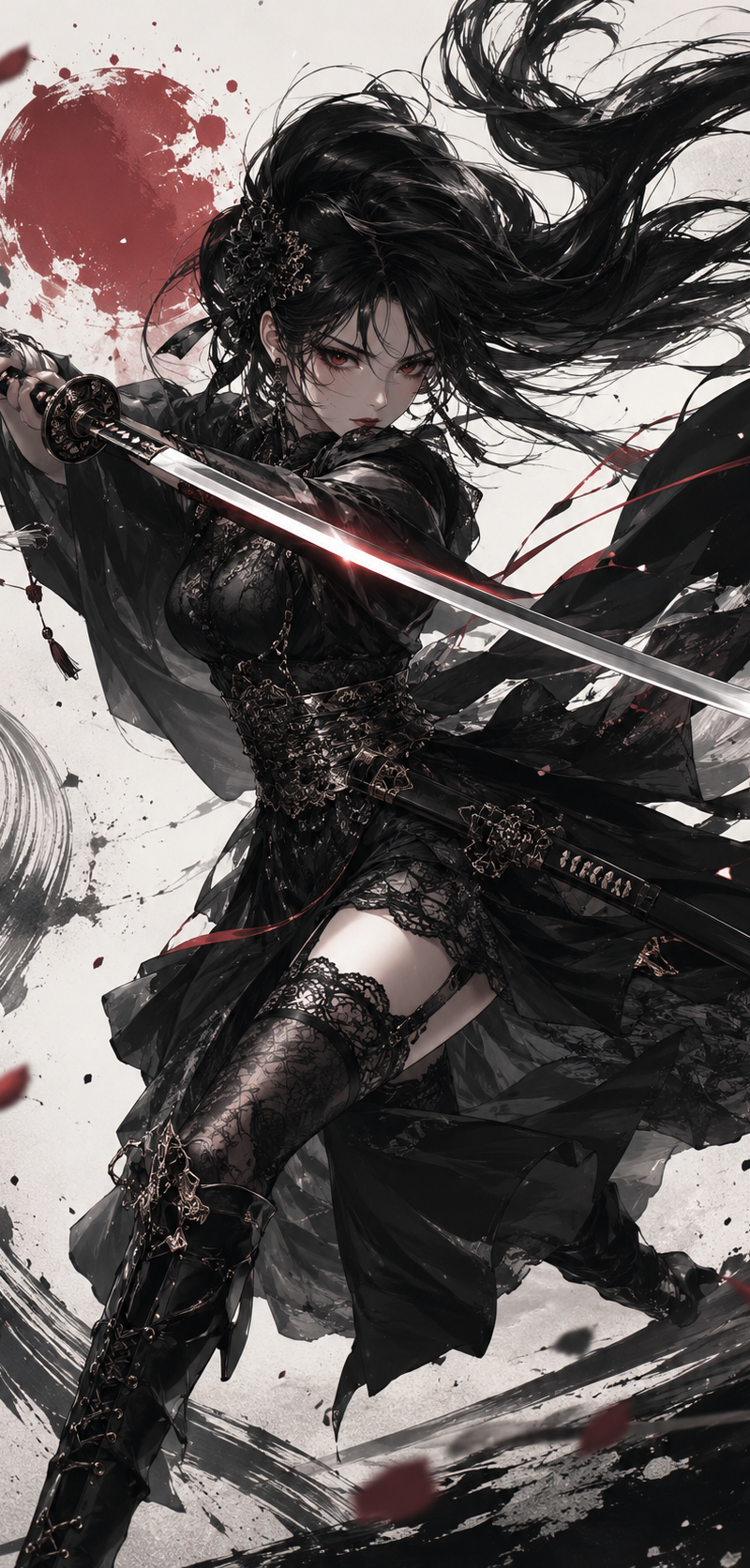 深色哥德式武士女孩穿著武士刀,動作姿勢動感十足,長黑髮在空中揮舞,紅潤亮眼,黑色飾面,飾有黑色飾面,穿著蕾絲,穿著精緻的靴子,強烈表情,刀刃反射光線,戲劇性的動