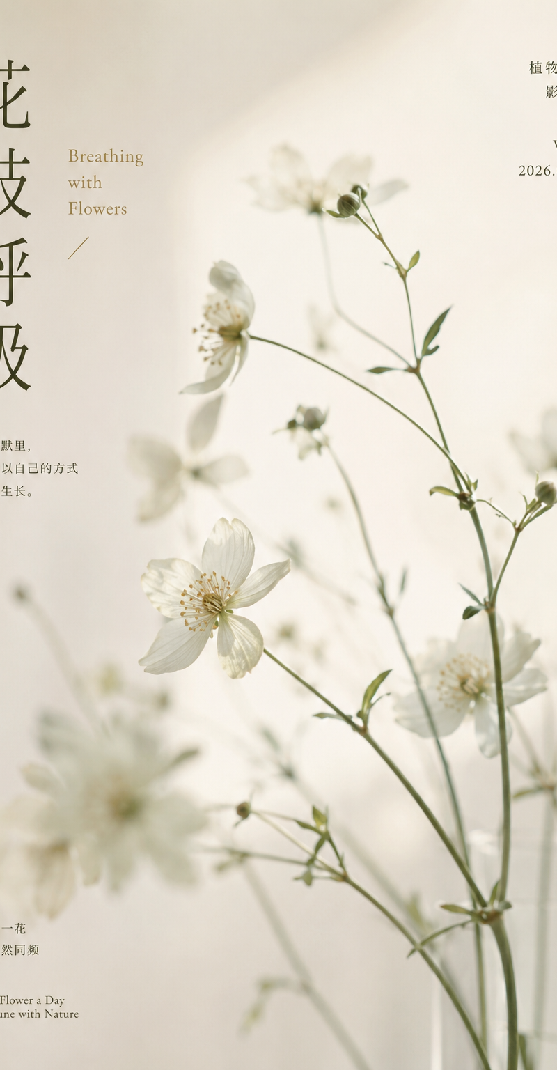 生成一张高级审美植物海报，竖版海报形式，整体气质安静、克制、柔和、有呼吸感。 主体为一组纤细自然的植物花枝，花朵轻盈通透，带有淡淡朦胧感和微距摄影质感。背景干净