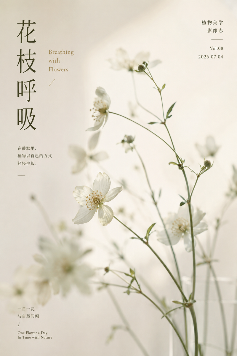 生成一张高级审美植物海报,竖版海报形式,整体气质安静、克制、柔和、有呼吸感。 主体为一组纤细自然的植物花枝,花朵轻盈通透,带有淡淡朦胧感和微距摄影质感。背景干净
