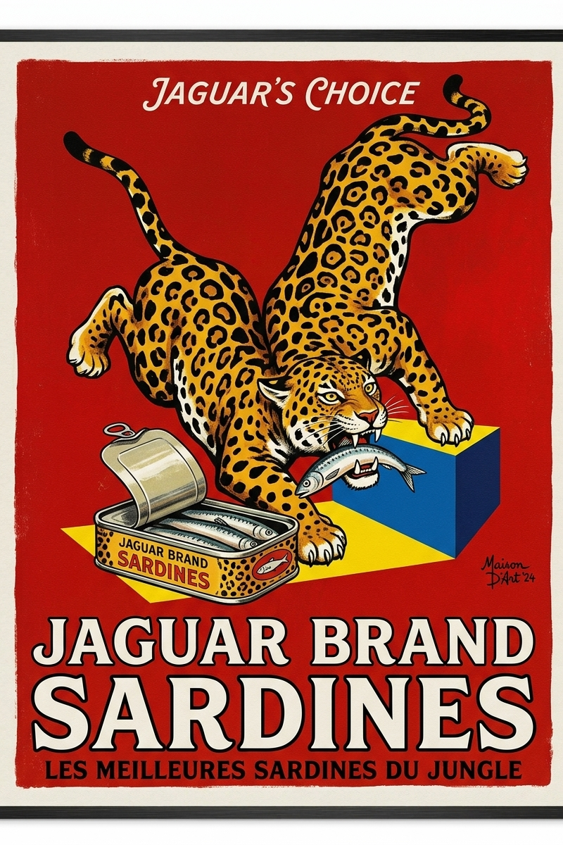 advertisement poster, jaguar eating sardines