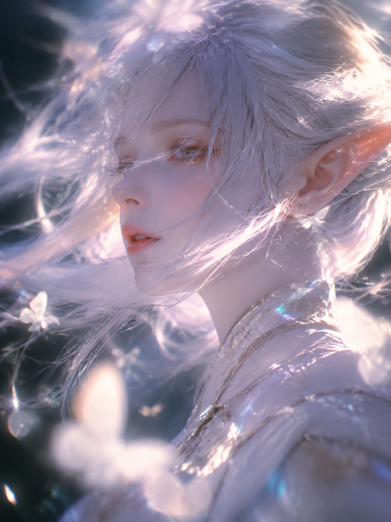 Reverse haze, diffused blur, soft focus, close-up shot of an ethereal and pure b
