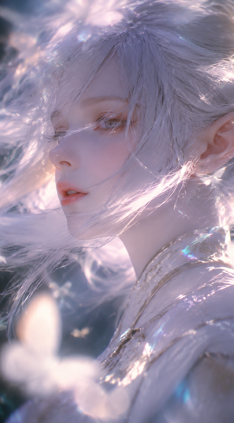 Reverse haze, diffused blur, soft focus, close-up shot of an ethereal and pure b