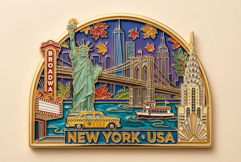 Cloisonné enamel and glazed art style, metallic texture, create a souvenir fridg