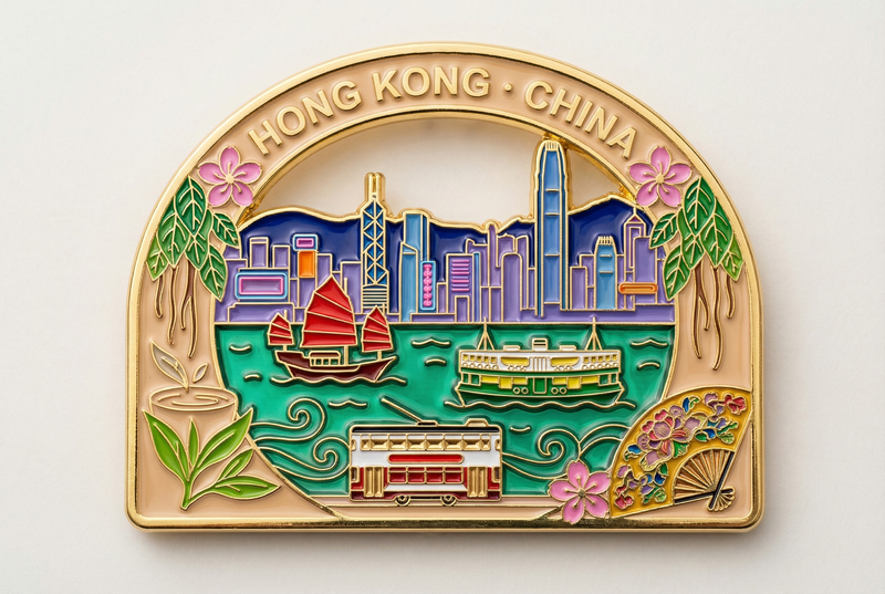 Cloisonné enamel and glazed art style, metallic texture, create a souvenir fridg