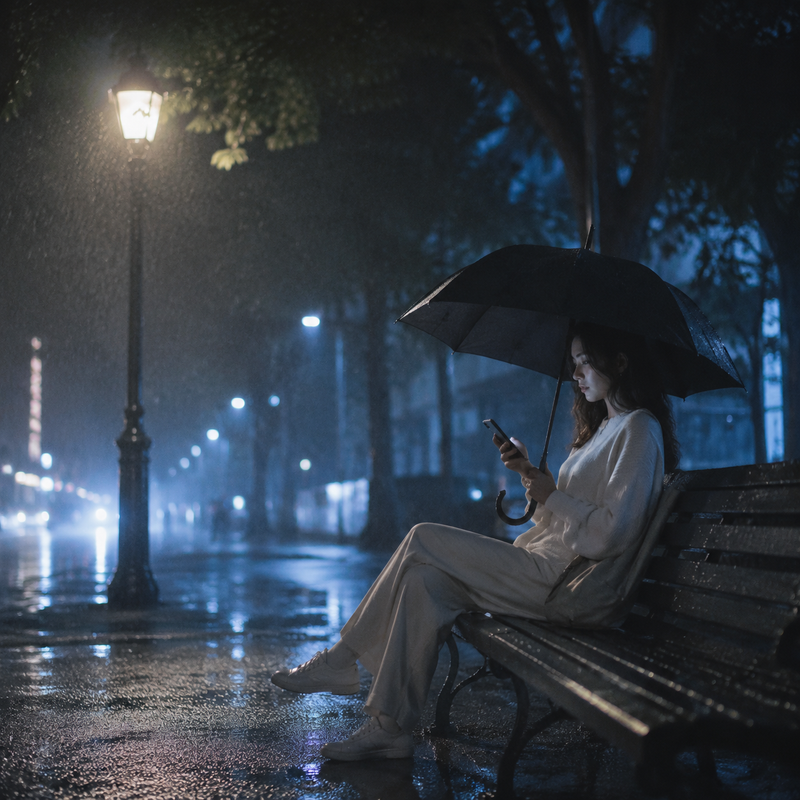 一位身穿米白色休闲服的女性坐在雨夜街边的长椅上，右手举着黑色雨伞，左手拿着手机，左侧有一盏路灯打下模糊的光，中景，留白构图，右侧低机位，左侧光，冷蓝色调，孤独，