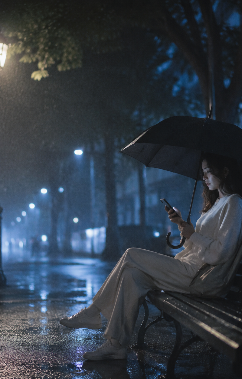 一位身穿米白色休闲服的女性坐在雨夜街边的长椅上，右手举着黑色雨伞，左手拿着手机，左侧有一盏路灯打下模糊的光，中景，留白构图，右侧低机位，左侧光，冷蓝色调，孤独，
