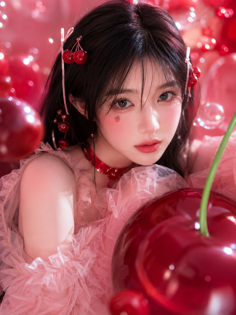 这张摄影作品展现了一位充满少女感的女性，她处于梦幻般、以樱桃为主题的视觉空间中。人物拥有柔和的五官和精致的妆容，黑色长发自然垂落，点缀着鲜红的樱桃发饰。她身穿带