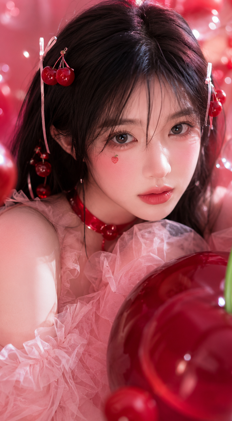 这张摄影作品展现了一位充满少女感的女性，她处于梦幻般、以樱桃为主题的视觉空间中。人物拥有柔和的五官和精致的妆容，黑色长发自然垂落，点缀着鲜红的樱桃发饰。她身穿带