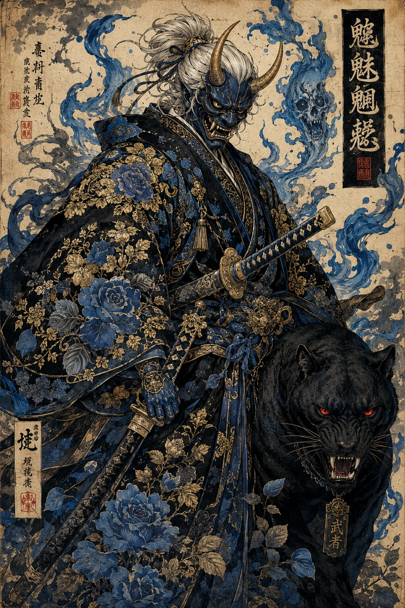 Masterpiece, ultra-detailed Japanese ukiyo-e inspired illustration of a fearsome
