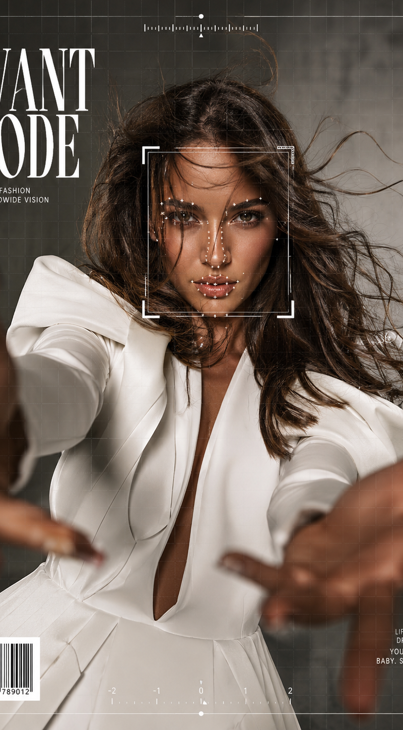 Ultra-realistic fashion editorial portrait of a confident woman in avant-garde w