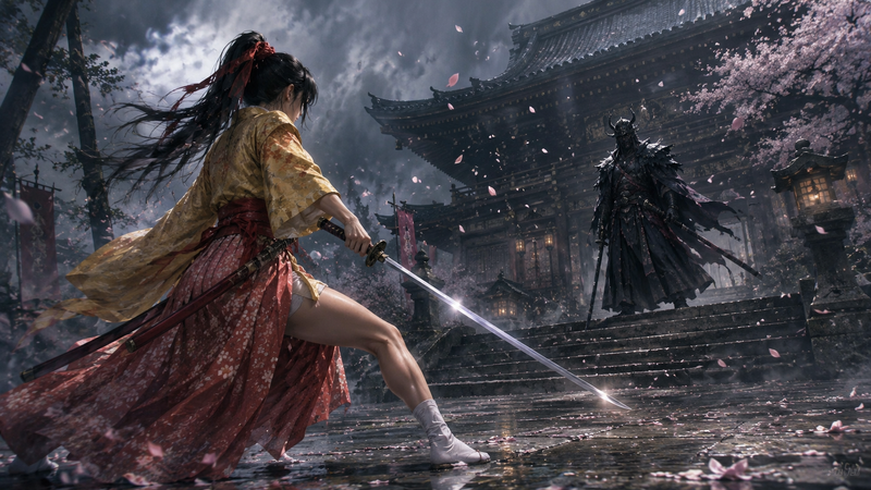 美丽的女剑客 寺庙 白足袋 美大腿,决斗,沉着冷静下难言慌张,对手吓人强大。对峙一触即发。