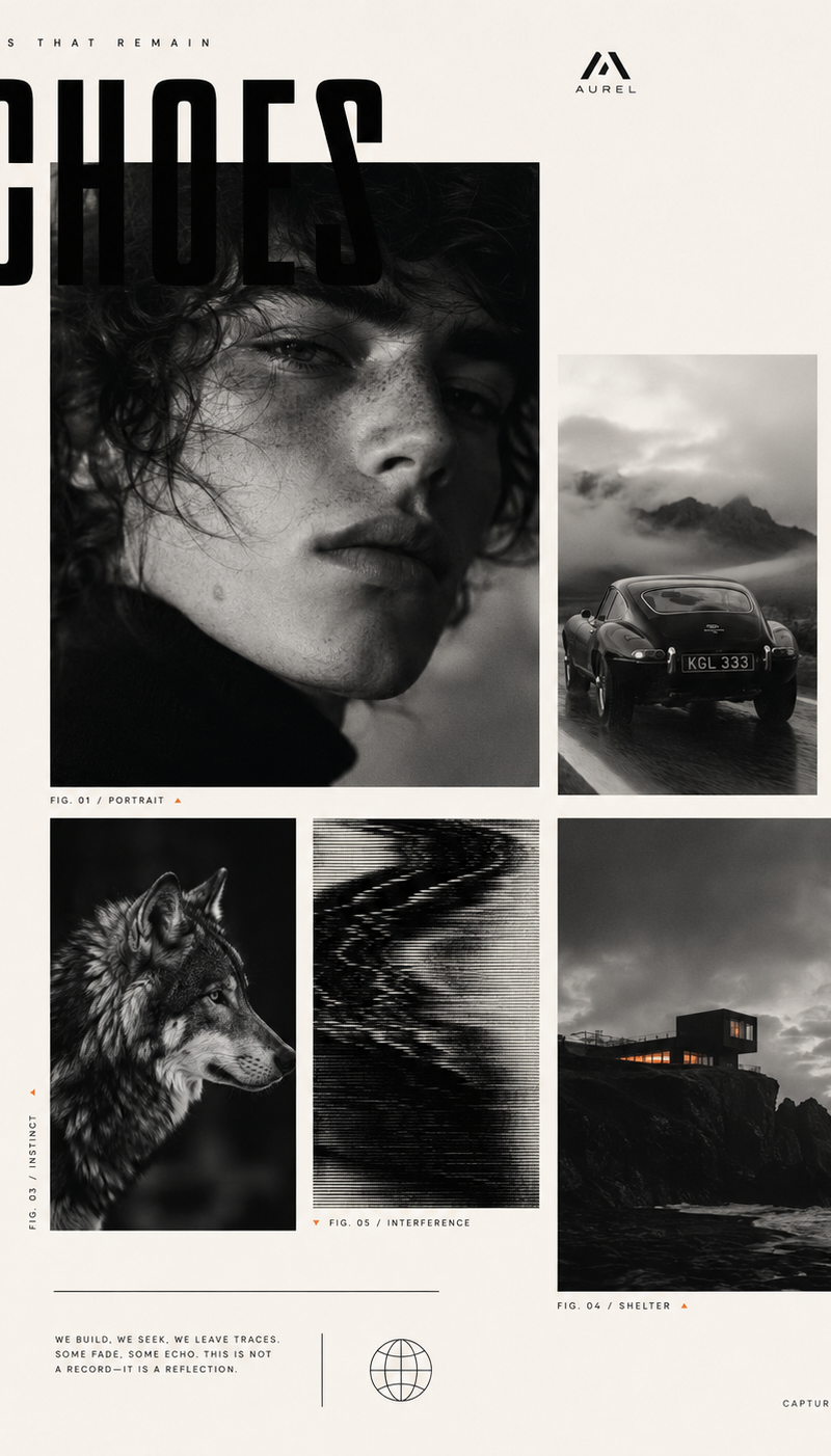 Avant-garde graphic design poster page, elegant editorial layout, off-white back