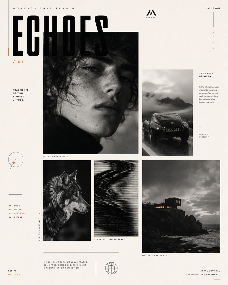 Avant-garde graphic design poster page, elegant editorial layout, off-white back