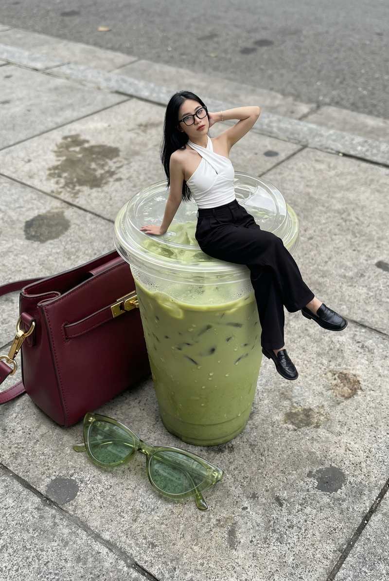 { "subject": { "description": "A chic young woman appears as a tiny miniature fi