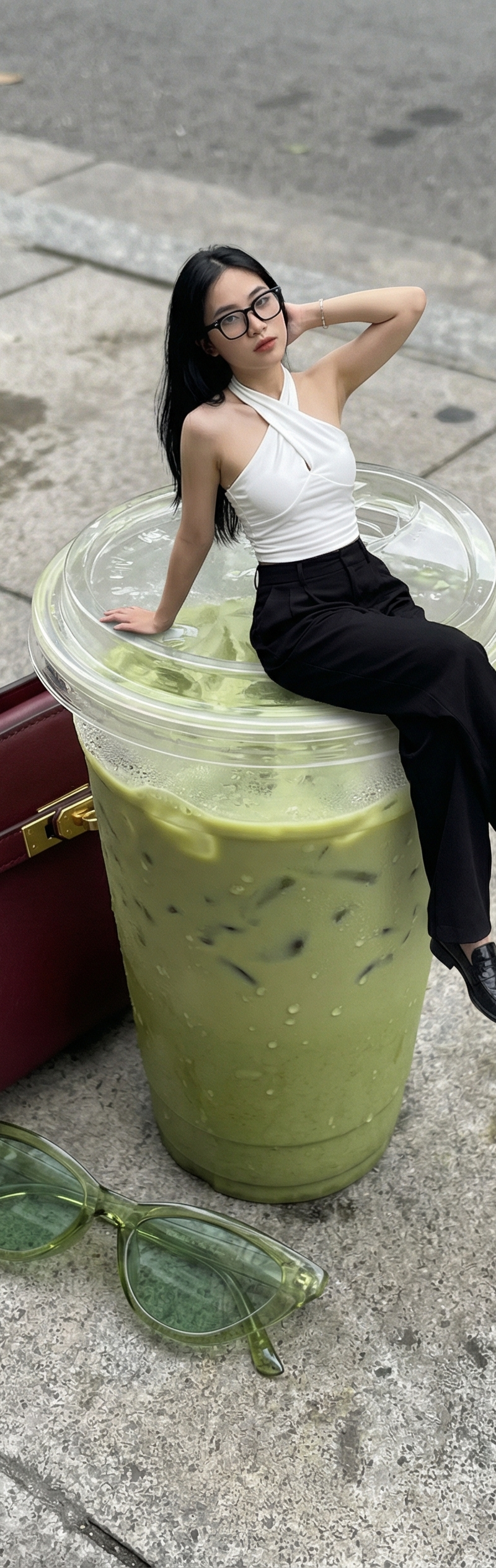 { "subject": { "description": "A chic young woman appears as a tiny miniature fi