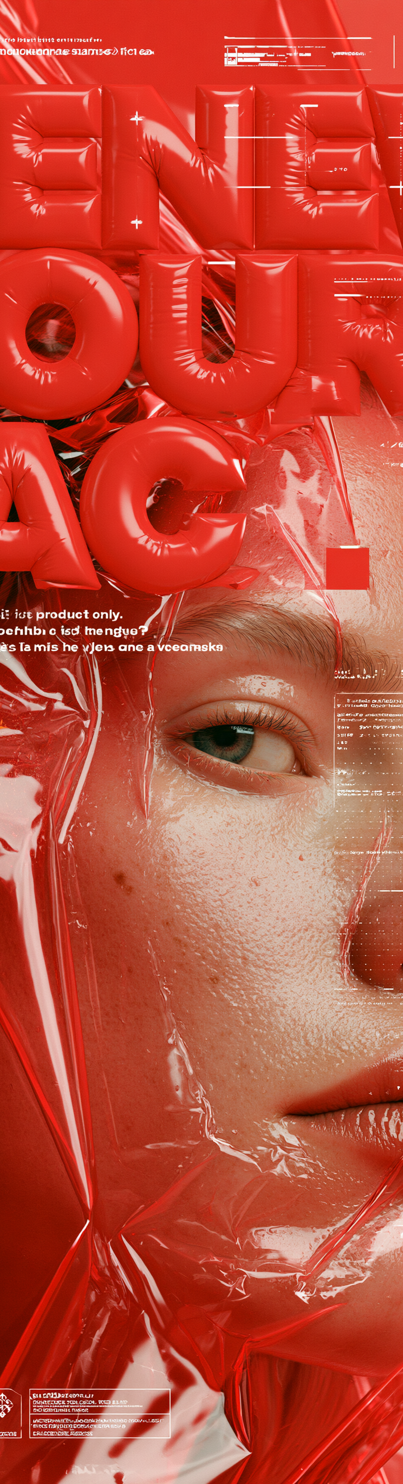 Dystopian luxury advertising poster, bold red monochrome graphic design, glossy