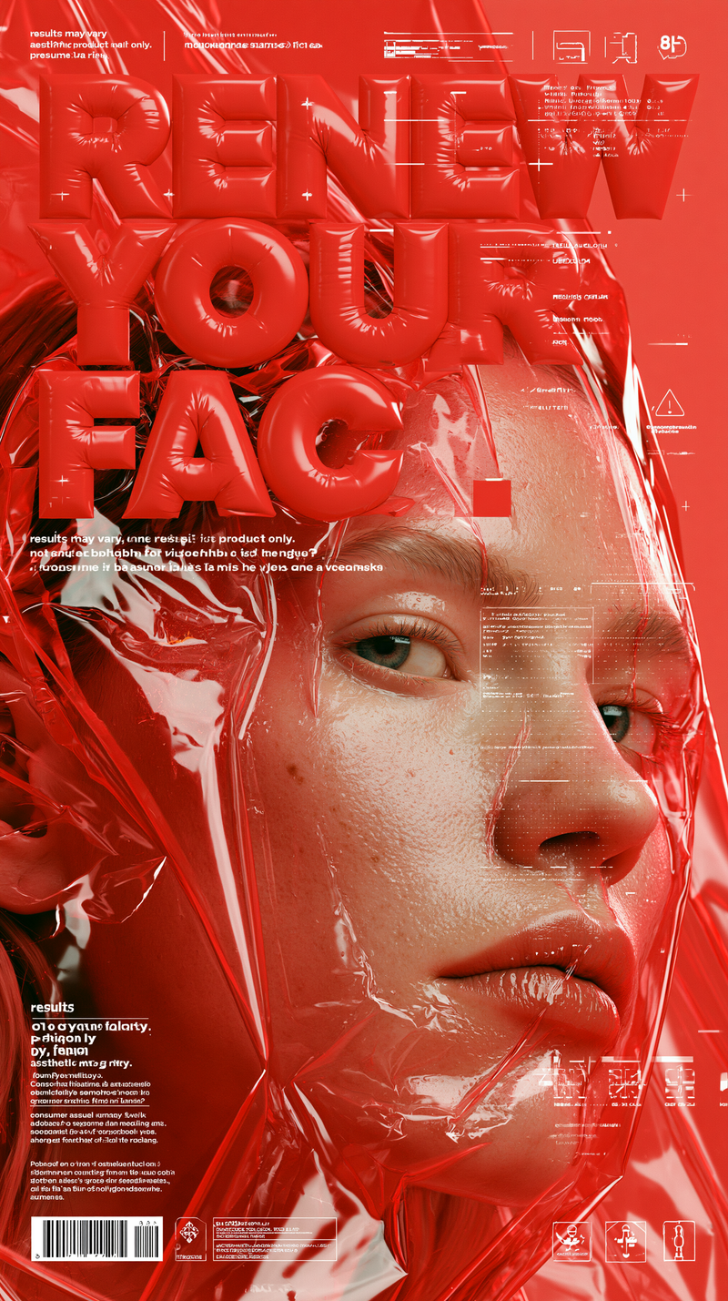 Dystopian luxury advertising poster, bold red monochrome graphic design, glossy