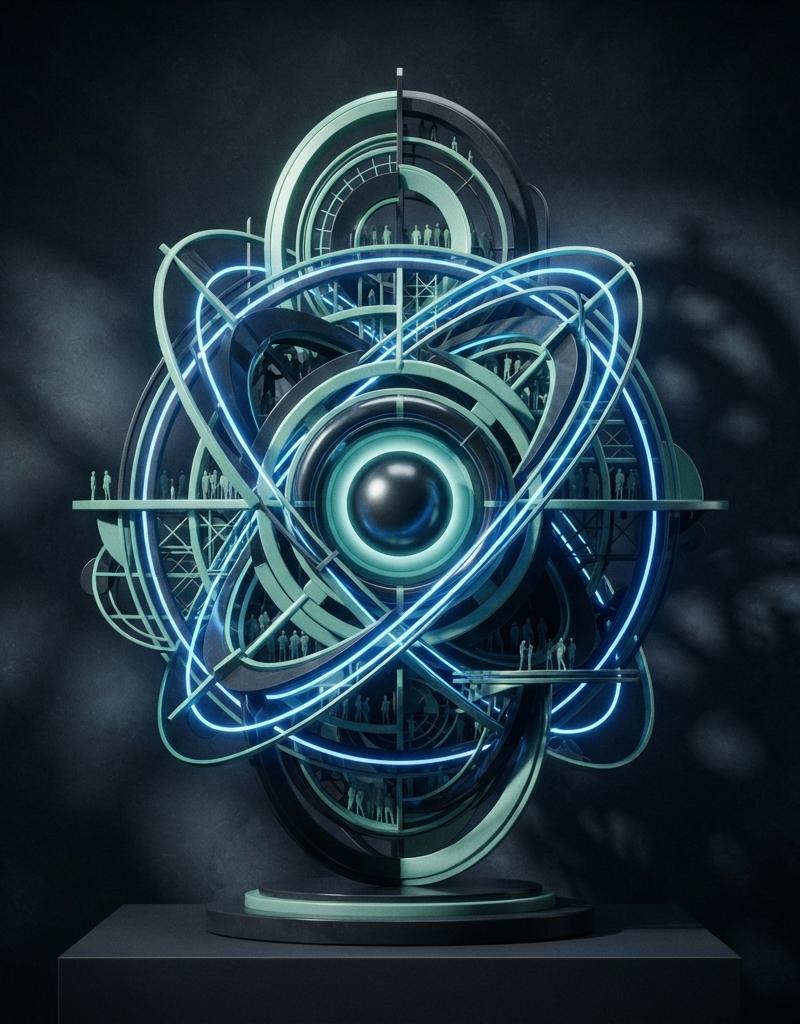 Design a futuristic orbital growth architecture where multiple geometric systems