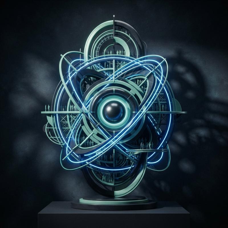 Design a futuristic orbital growth architecture where multiple geometric systems
